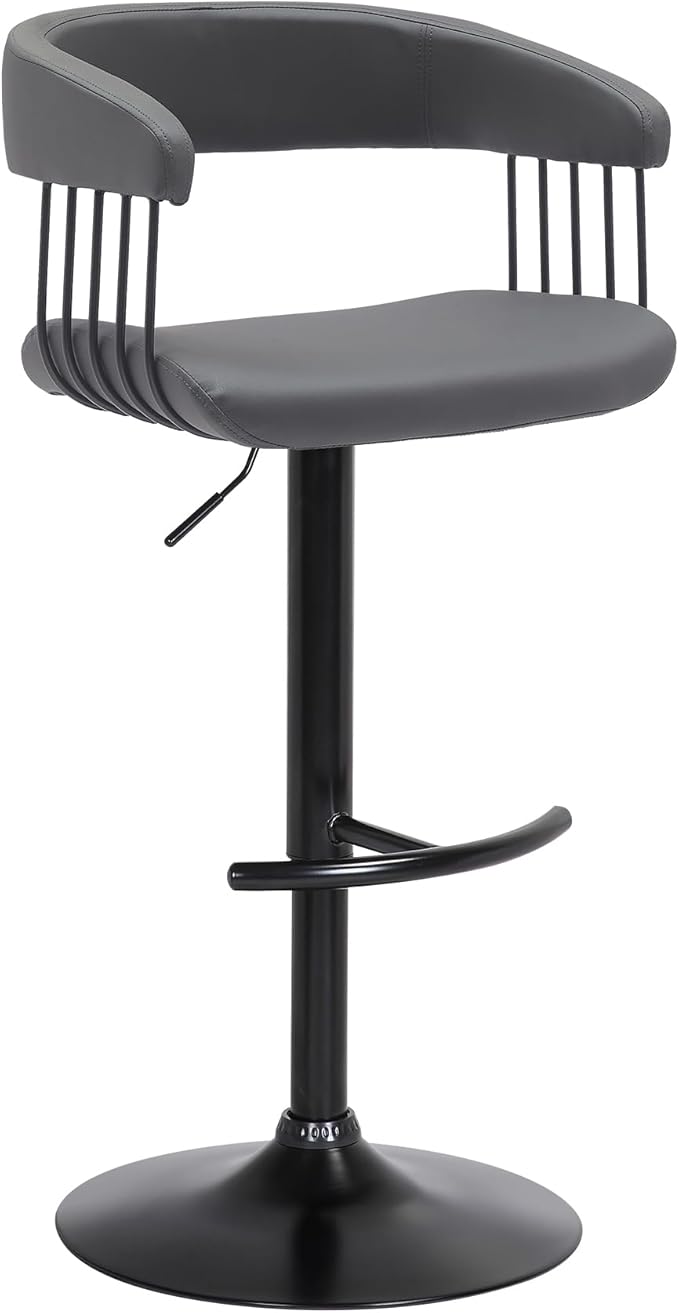 Armen Living Calista Adjustable Height Mid Century Modern Swivel Bar Stool for Kitchen Island Counter in Gray Faux Leather with Black Metal
