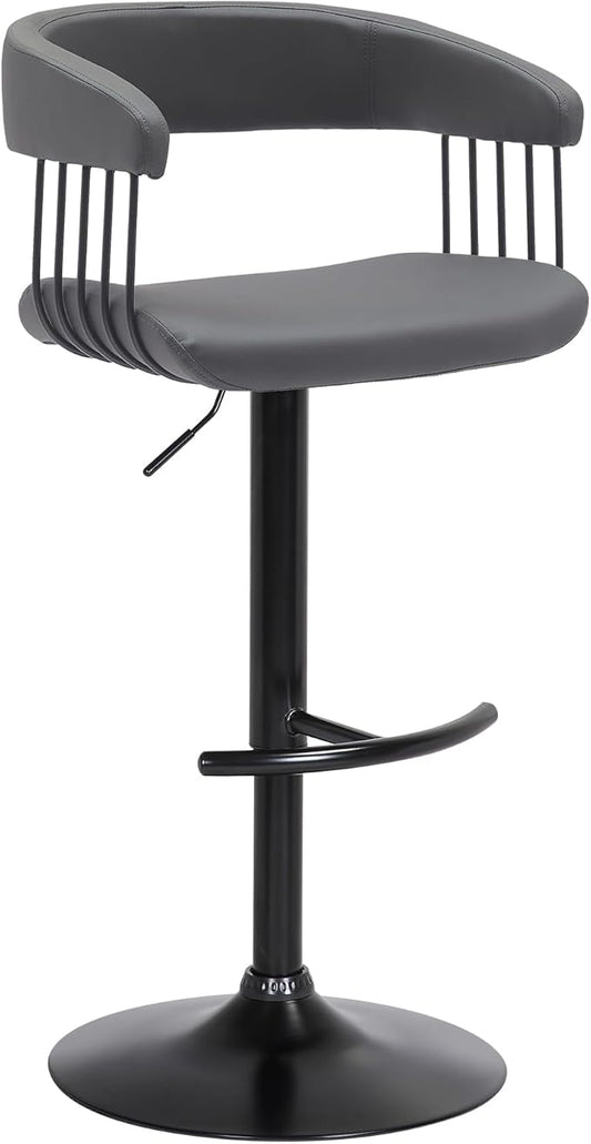 Armen Living Calista Adjustable Height Mid Century Modern Swivel Bar Stool for Kitchen Island Counter in Gray Faux Leather with Black Metal