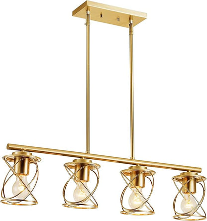 mavcadonf Kitchen Island Light, 4-Light Dining Room Lighting Fixtures Hanging, Farmhouse Linear Pendant Light for Kitchen Island Table Living Room with Adjustable Rods, Brushed Gold