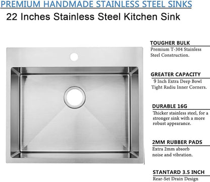 SHACO 22x18 Inch Drop In Bar Sink, 22 Inch Outdoor RV Laundry Utility Sink,16 Gauge Stainless Steel Single Bowl Brushed Nickel Small Kitchen Prep Sink with Strainer Drain