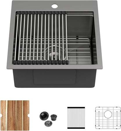 Kichae Black Drop In Bar Sink- 18x18 Small Overmount Topmount Stainless Steel RV Sink Single Bowl Ledge Workstation Bar Prep Handmade Basin