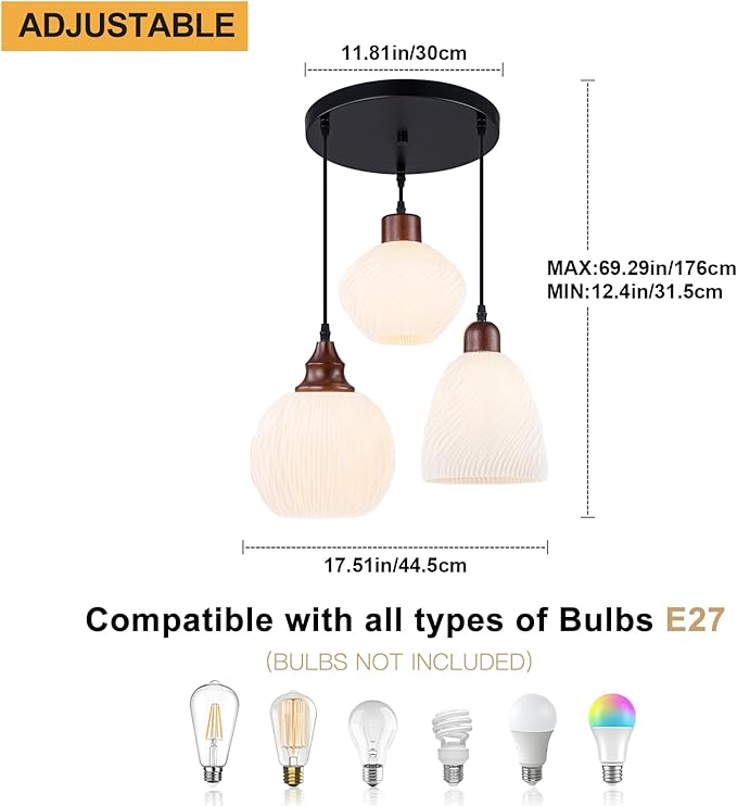 Cluster Pendant Lights for Kitchen Island, 3-Light Pendant Light Fixtures with 3D Printed Ribbed Shade, Adjustable Hanging Pendant Light for Dining Room