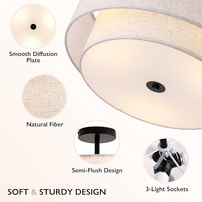 CALOKES 16" Double Drum 3-Light Semi Flush Mount Ceiling Light, Classic Fabric Linen Shade Design for Living Room, Bedroom, Kitchen, Dining Room, Hallway and Entryway