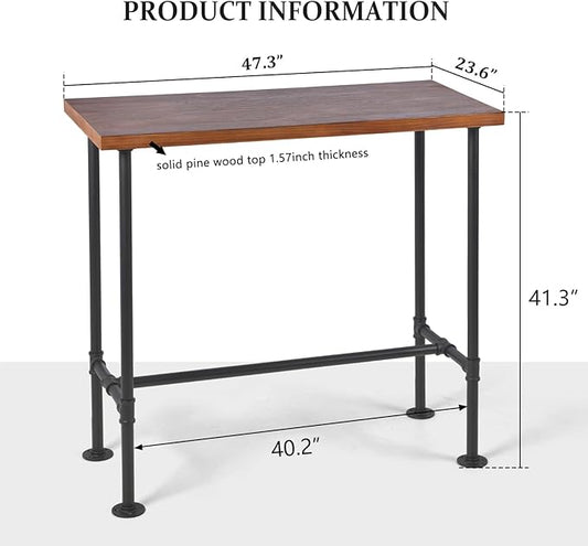LOKKHAN Rectangular Dining Table for 4, (47.3" L x 41.3" H x 23.6" W), Heavy Duty Metal Pipe, Solid Wood Desktop, Home Kitchen Bar Office Cafe Pub, Rustic Industrial, Black & Brown