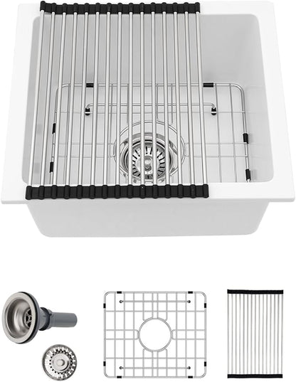 Sarlai White Kitchen Sink Granite Composite - 18 x 16 inch Bar Prep Sink White Granite Composite Quartz Undermount Single Bowl Rectangular RV Camper Sinks Basin