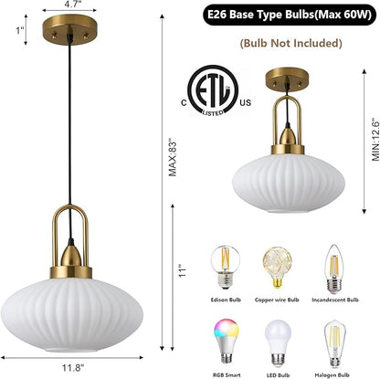 12 Inch Milk Glass Pendant Lights Vintage Chandelier Pendant Lighting Modern Mid Century Hanging Lights Adjustable Kitchen Island Light for Dining Room Bedroom Hallway