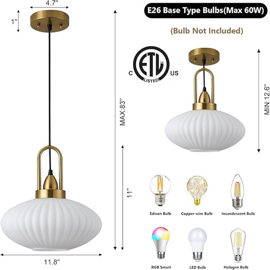 12 Inch Milk Glass Pendant Lights Vintage Chandelier Pendant Lighting Modern Mid Century Hanging Lights Adjustable Kitchen Island Light for Dining Room Bedroom Hallway