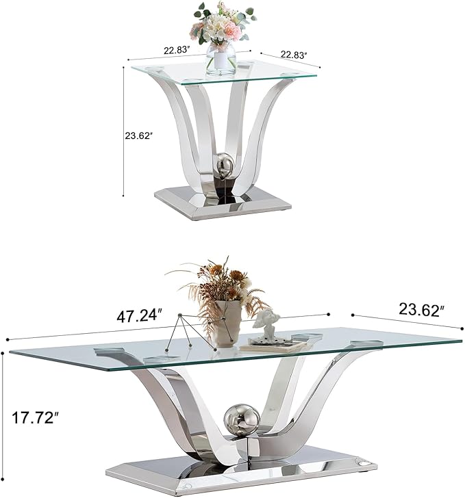 Luxury Glass Coffee Table Set of 2 Piece Silver Living Room Table Set of 2 Including Coffee and End Table Set, Gorgeous Stainless Steel Frame, Clear Glass Top for Living Room Home Office Apartment