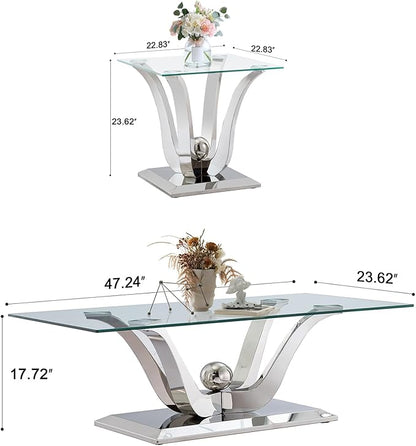 Luxury Glass Coffee Table Set of 2 Piece Silver Living Room Table Set of 2 Including Coffee and End Table Set, Gorgeous Stainless Steel Frame, Clear Glass Top for Living Room Home Office Apartment