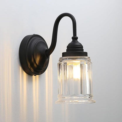Yosoan Boho Indoor Vintage Wall Sconce with Cup-Shaded Glass, 1-Light Brass Modern Retro Vanity Hardwired Wall Mounted with Clear Striped Shade for Living Room Bedroom Fireplace Hallway(Black)