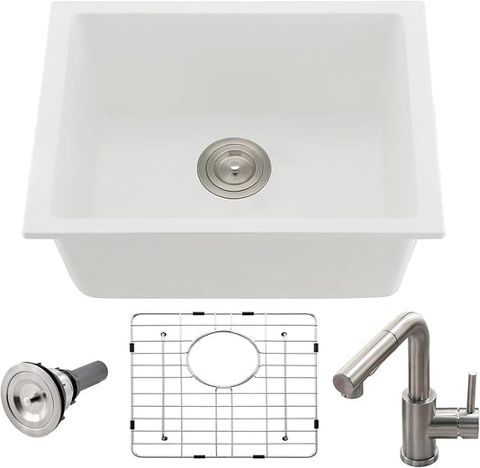 24 Inch White Kitchen Sink Undermount-Bokaiya 24x19 Small Kitchen Sink White Quartz Wet Bar Sink with Faucet Outdoor RV Single Bowl Kitchen Sink
