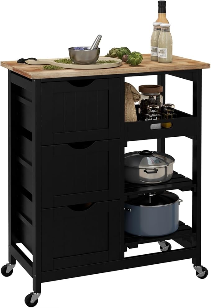 Rolling Kitchen Island Cart, Compact Trolley On Wheels with Top, Shelves & Drawers for Home Dining Area, Black,Multi-Purpose