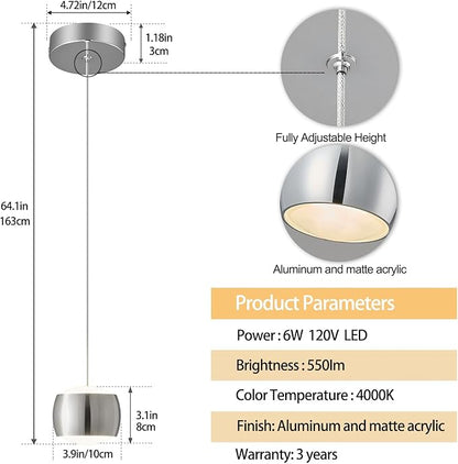 Modern LED Dimmable Pendant Light fixtures,Mini Island Pendant Lighting for Kitchen Island Dinning Room,Bedroom,Bar, Kitchen Island Ceiling Hanging Light Fixtures(Chrome-2-Pack)