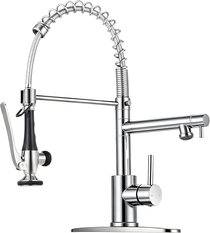 Kitchen Faucet with Pull Down Sprayer - Chrome Single Handle Commercial Kitchen Faucets, 2-Spout Stainless Steel Spring Pull Out Kitchen Sink Faucet 1/3 Hole with Deck Plate
