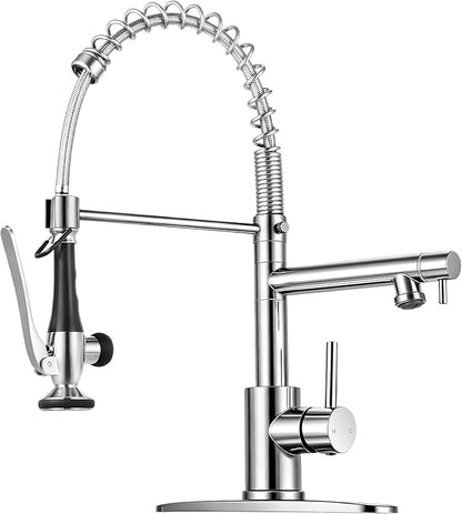Kitchen Faucet with Pull Down Sprayer - Chrome Single Handle Commercial Kitchen Faucets, 2-Spout Stainless Steel Spring Pull Out Kitchen Sink Faucet 1/3 Hole with Deck Plate
