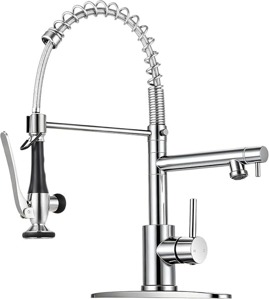 Kitchen Faucet with Pull Down Sprayer - Chrome Single Handle Commercial Kitchen Faucets, 2-Spout Stainless Steel Spring Pull Out Kitchen Sink Faucet 1/3 Hole with Deck Plate