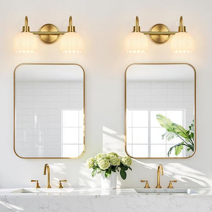 Bathroom Light Fixtures, 2-Light Gold Vanity Light Fixtures with White Tulip Glass Shades, Bathroom Lighting Fixtures Over Mirror for Bedroom, Living Room & Hallway (Bulbs Not Included)