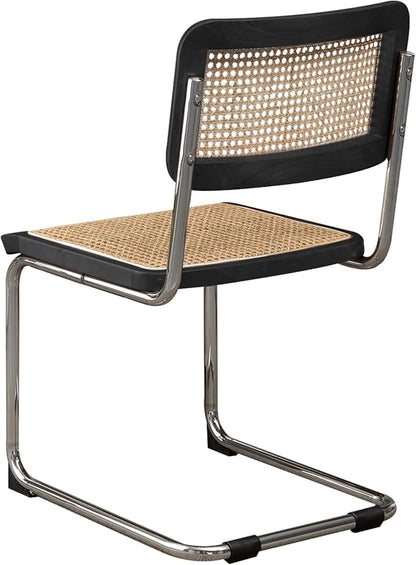 Alunaune Mid Century Modern Black Dining Chairs Set of 4, Upholstered Natural Rattan Kitchen Chairs, Armless Accent Chair Side Chairs with Metal Chrome Legs for Bedroom Living Room-Rattan Seat