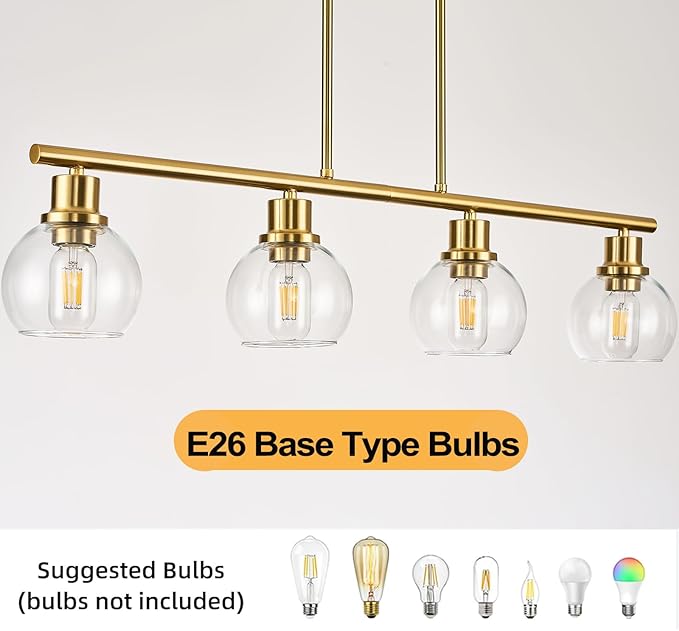4-Light Linear Chandelier, Gold Chandelier Light Fixture, Kitchen Island Pendant Lighting with Clear Round Glass Shades