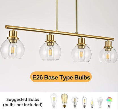 4-Light Linear Chandelier, Gold Chandelier Light Fixture, Kitchen Island Pendant Lighting with Clear Round Glass Shades