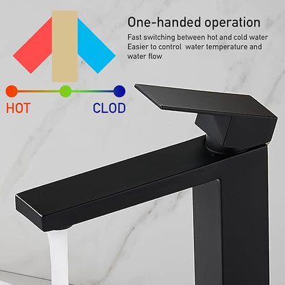 AVSIILE Matte Black Vessel Sink Faucet, 1 Hole Single Handle Tall Bathroom Vanity Faucets, Modern Utility Rv Laundry Bath Restroom Mixer Tap with Metal Pop Up Drain and 2 Water Supply Lines