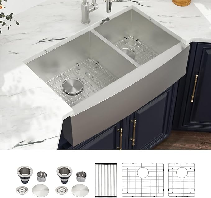 Kichae 33 Apron Double Farmhouse Sink - 33 Inch Apon Front Kitchen Farm Sink Stainless Steel 18 Gauge Double Bowl 60/40 Modern Handmade Farmhouse Sinks Basin