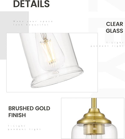 zeyu Gold Pendant Light, Mid Century Chandelier, 1-Light Hanging Fixture for Dinning Room Bedroom, Clear Glass Shade, Brushed Gold Finish, ZSL104MIL BG