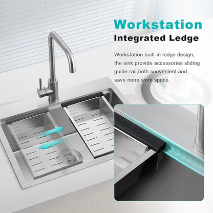 23-Inch Drop in Workstation Kitchen Sink - TSIBOMU 18 Gauge Stainless Steel Single Faucet Hole Single Bowl Topmount Handmade Kitchen Sink, Brushed