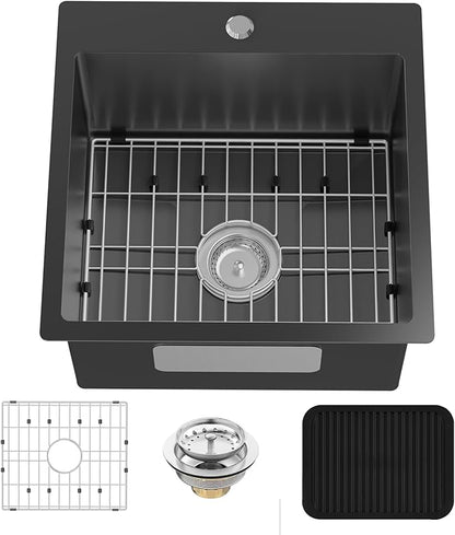 Black Kitchen And Bar Sink, 18x18 Inch Stainless Steel Drop In Modern Single Bowl Small Kitchen And Bar Sink Combo-SS Grid,Silicon Mat,Drain Strainer Set Compatibility With Modern&Classic Style