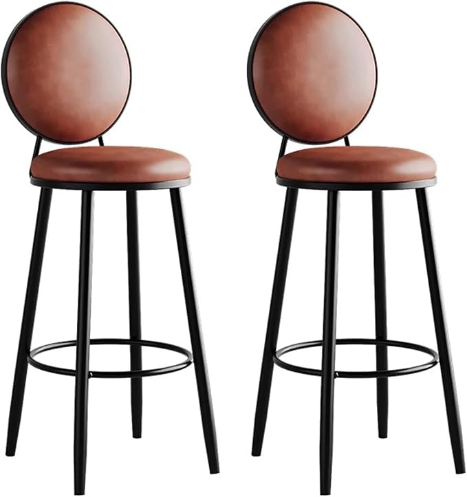 Set of 2 Leather Stools, Counter Height with Back, Upholstered Chairs for Kitchen Island, 65cm Sitting Height, Orange & Brown