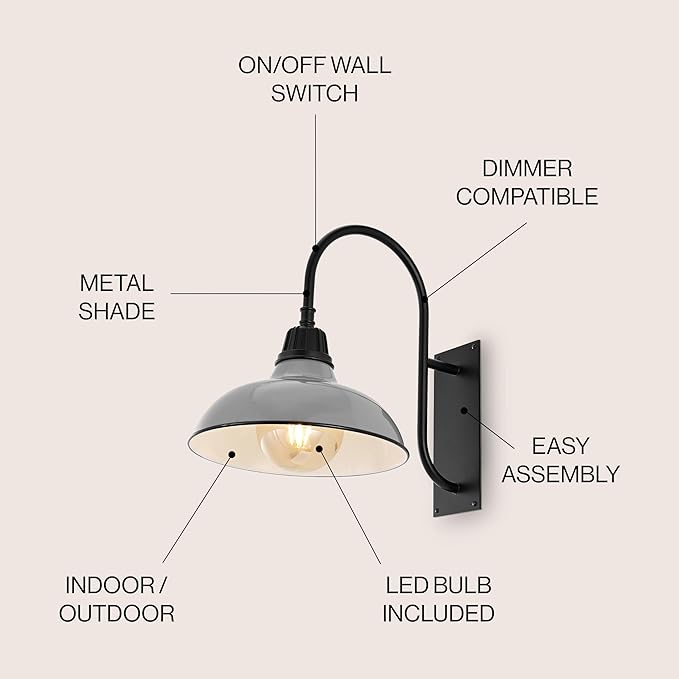 JONATHAN Y 12.25" Gray/Black 1-Light Farmhouse Gooseneck Outdoor Wall Sconce Lamp, with Black Metal Bowl Shade, Industrial Iron LED Porch Light for Patio Garage Entryway (JYL7614D)