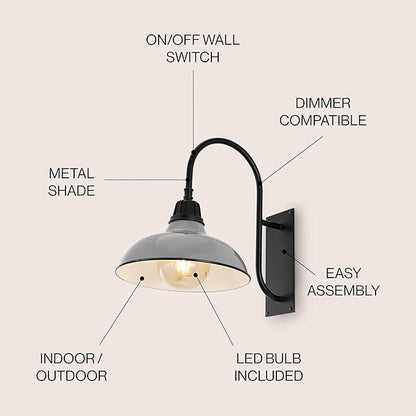 JONATHAN Y 12.25" Gray/Black 1-Light Farmhouse Gooseneck Outdoor Wall Sconce Lamp, with Black Metal Bowl Shade, Industrial Iron LED Porch Light for Patio Garage Entryway (JYL7614D)