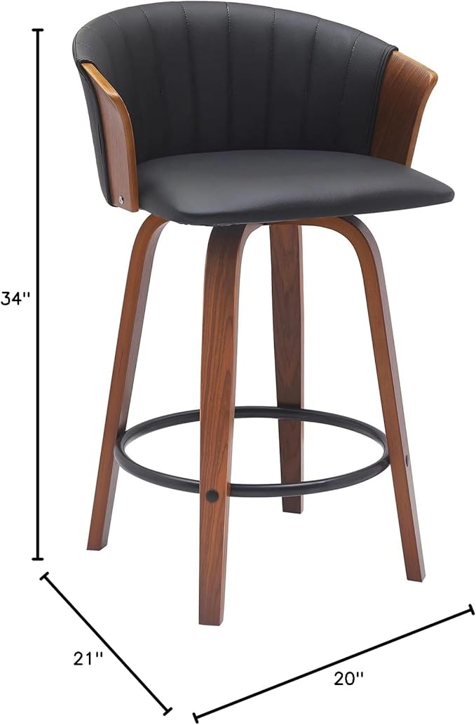 Armen Living Diana 26" Seat Height Mid Century Modern Swivel Walnut Wood Bar Stool for Kitchen Island Counter in Black Faux Leather