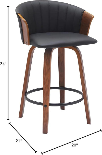 Armen Living Diana 26" Seat Height Mid Century Modern Swivel Walnut Wood Bar Stool for Kitchen Island Counter in Black Faux Leather