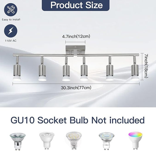 6-Light Nickel Kitchen Track Lighting, Adjustable GU10 Ceiling Light Fixture with Rotatable Heads, Modern Led Track Light for Kitchen, Dining Room, Hallway (Bulbs Not Included)
