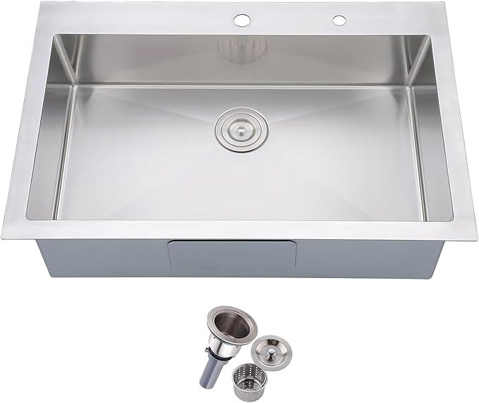Friho 33x22 Drop in Kitchen Sink, Top Mount Commercial Handmade 18 Gauge Single Bowl Stainless Steel Sink with Basket Strainer