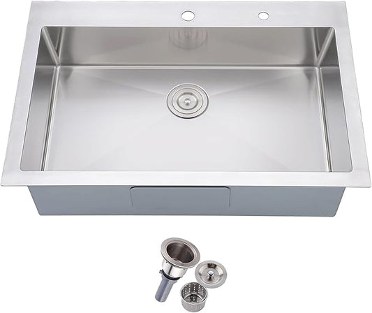 Friho 33x22 Drop in Kitchen Sink, Top Mount Commercial Handmade 18 Gauge Single Bowl Stainless Steel Sink with Basket Strainer