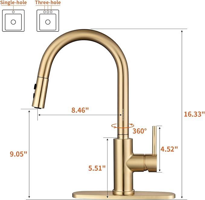 RULIA Kitchen Faucet, Kitchen Sink Faucet, Sink Faucet, Pull-Down Kitchen Faucets, Bar Kitchen Faucet, Brushed Brass, Metal Spray Head, RB1068