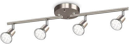 Ascher 4-Light LED Track Lighting Kit, Flexibly Rotatable Light Heads, 4 Way Ceiling Spotlight Matt Nickel Finish, Including 4 GU10 LED Bulbs (4W 400LM Daylight White 5000K)