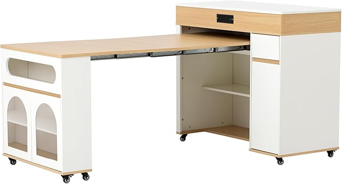 73.8''Kitchen Island with Extendable Dining Table for 4-6 Rolling Kitchen Island w/ Power Outlet | Multiple Storage Space Mobile Folding Storage Cart w/ Brake Lock for Dining Room, Natural+Cream White