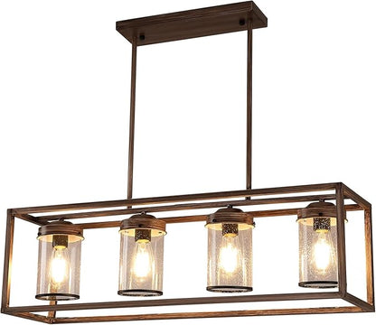 Farmhouse Dining Room Light Fixtures, Black and Gold Chandeliers for Dining Room,Kitchen Island,Office Coffee Shop, Rustic Rectangle Linear Pendant Ceiling Light with Glass Shade,Oak and Gold