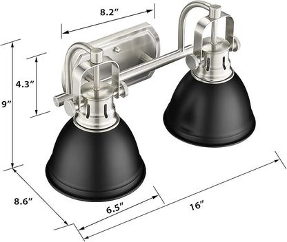 Emliviar Modern Vanity Light, Industrial 2-Light Bathroom Wall Light Fixtures, Black and Brushed Nickel Finish with Metal Shade, 4054-2W BN+BK
