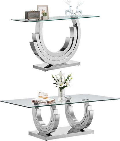 Glass Living Room Table Set of 2, Modern Glass Coffee Table with 1 Console Tables Set for Apartment, Luxury Coffee Table Sets Perfect for Living Room, Stainless Steel Frame