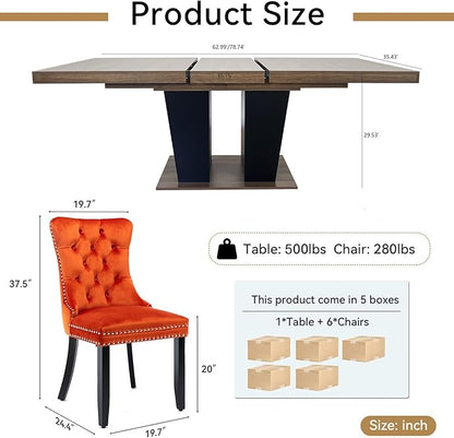 Goujxcy 7-Piece Extendable Dining Table Set for 6-8 People 63-78 Inch Kitchen Table Set with 6 Velvet Upholstered Chairs Farmhouse Rectangular Dining Room Table Set for Kitchen Dining Room Apartment