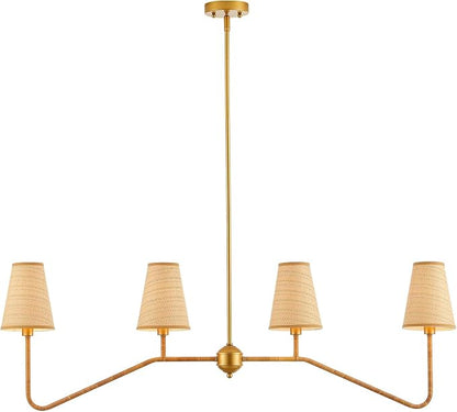 VILUXY 4-Light Linear Kitchen Island Lighting Fixture 47’’ Dining Room Chandelier with Hand Woven Rattan Shade Linear Pendant Light Fixture Gold, UL Listed