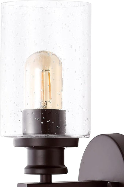 JONATHAN Y 16.5" Oil Rubbed Bronze 2-Light LED Wall Sconce, Modern Farmhouse Vanity Light with Seeded Glass Shade, Industrial Iron Fixture for Bathroom Mirror, LED Bulbs Included (JYL7577B)
