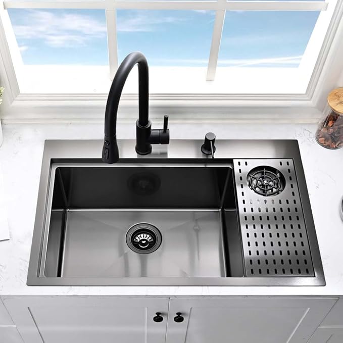 Black Kitchen Sink with Glass Rinser-Hovheir 31x20 Drop In Kitchen Sink Top Mount Workstation Sinks 16 Gauge Black Stainless Steel Single Bowl Deep Sinks with Cutting Board