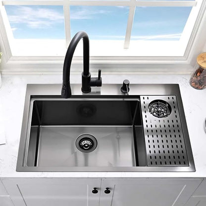 Black Kitchen Sink with Glass Rinser-Hovheir 31x20 Drop In Kitchen Sink Top Mount Workstation Sinks 16 Gauge Black Stainless Steel Single Bowl Deep Sinks with Cutting Board