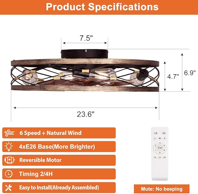 SHLUCE 23.6" Caged Ceiling Fan with Light Flush Mount, Farmhouse Low Profile Ceiling Fans with Lights and Remote, 6 Speeds Rustic Large Bladeless Ceiling Fan with Light for Bedroom, Living Room