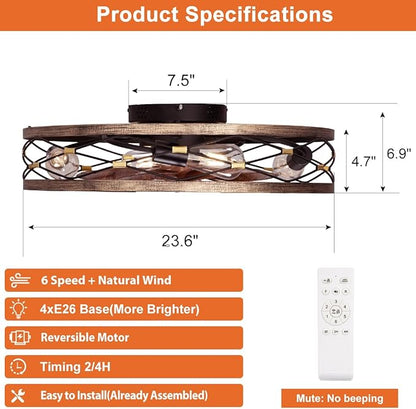 SHLUCE 23.6" Caged Ceiling Fan with Light Flush Mount, Farmhouse Low Profile Ceiling Fans with Lights and Remote, 6 Speeds Rustic Large Bladeless Ceiling Fan with Light for Bedroom, Living Room